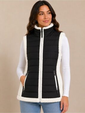 Calvin Klein Black Quilted Vest with Cream Sherpa Trim